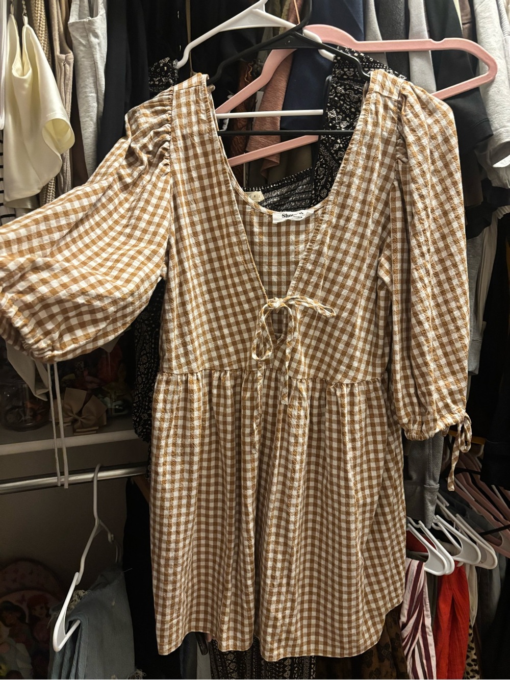 Showpo Tan Gingham Puff-Sleeve Dress with Tie Front